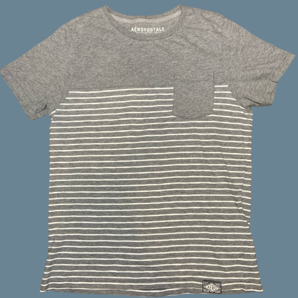 Aeropostale Men’s Casual Gray and White Striped Pocket Short Sleeve T Shirt